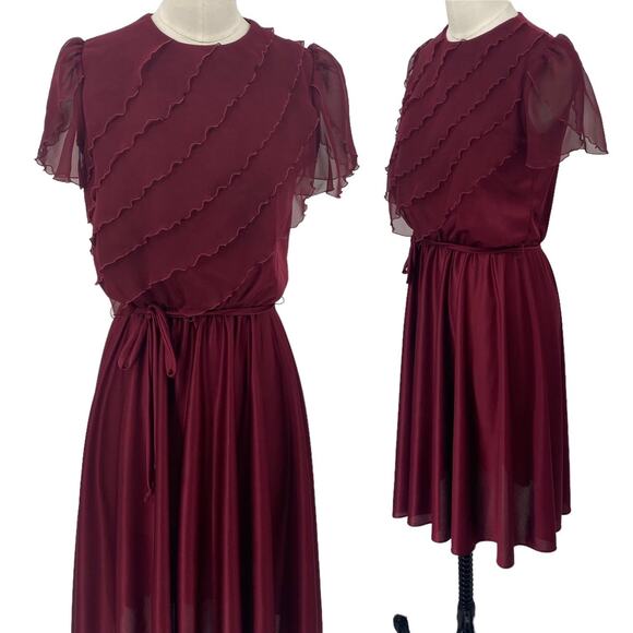 Vintage 70s Ruffled Mini Dress Flutter Sleeve Tie Waist Fit & Flare Maroon XS - Picture 1 of 11